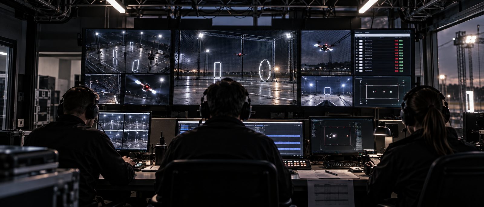 Event control room with camera feeds and timing screens