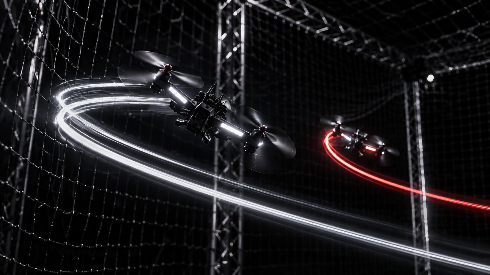 Two racing quadcopters inside the net at night with light trails